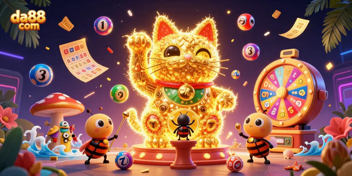 Capture exhilarating jackpots with da88 com, featuring vibrant 3D casino symbols and festive lottery elements.