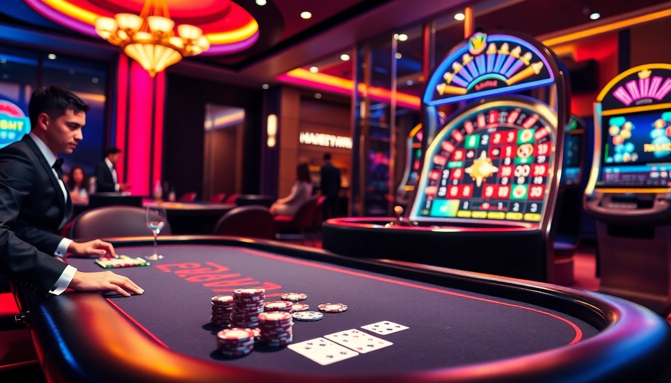 Players enjoy an engaging online casino experience at no hu, featuring vibrant slot machines and poker tables.