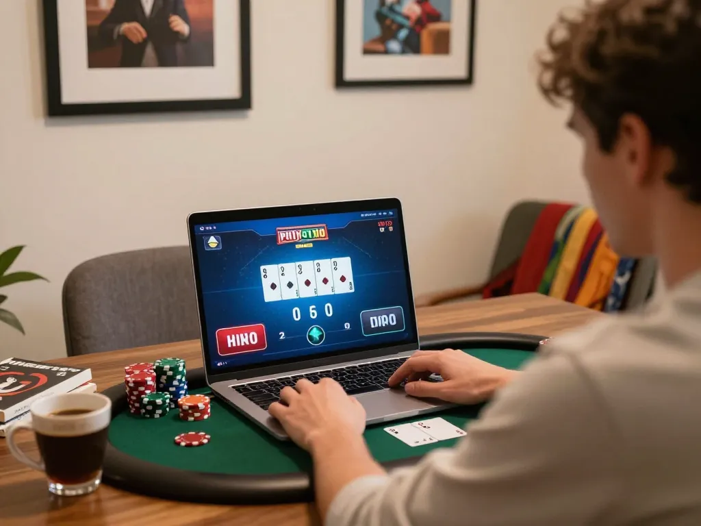 Engaging moment of a player raising a bet in their online sunwin poker game, showing concentration and strategy.