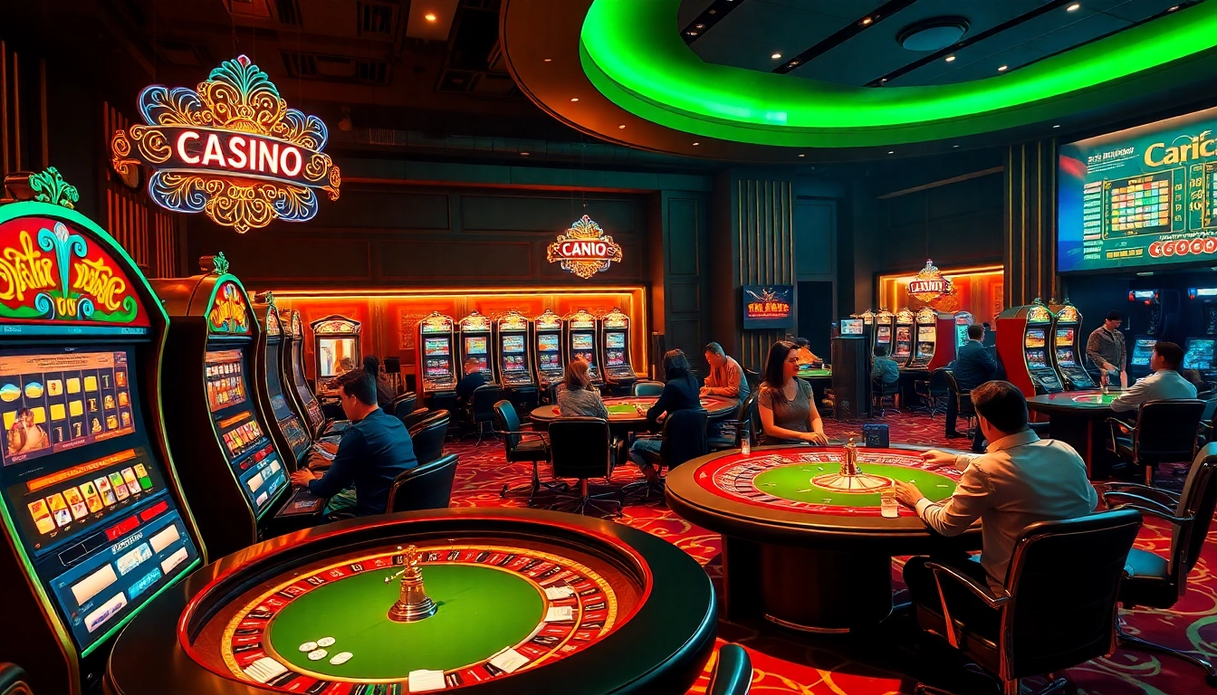 Exciting scene at fun88 nhà cái with players engaging in poker and roulette under vibrant casino lights.