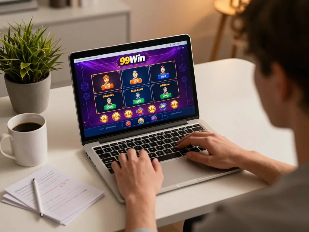 Engaged player analyzing strategies on 99Win online casino interface in a cozy setup