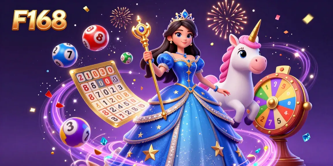 Win exciting prizes with F168 in this vibrant 3D illustration featuring a majestic woman and unicorn amidst colorful lottery elements.