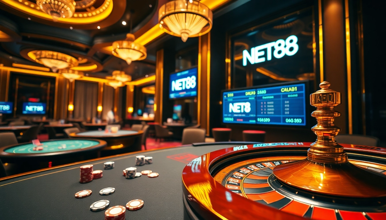 NET88 poker chips and cards on a luxurious casino table under elegant lighting