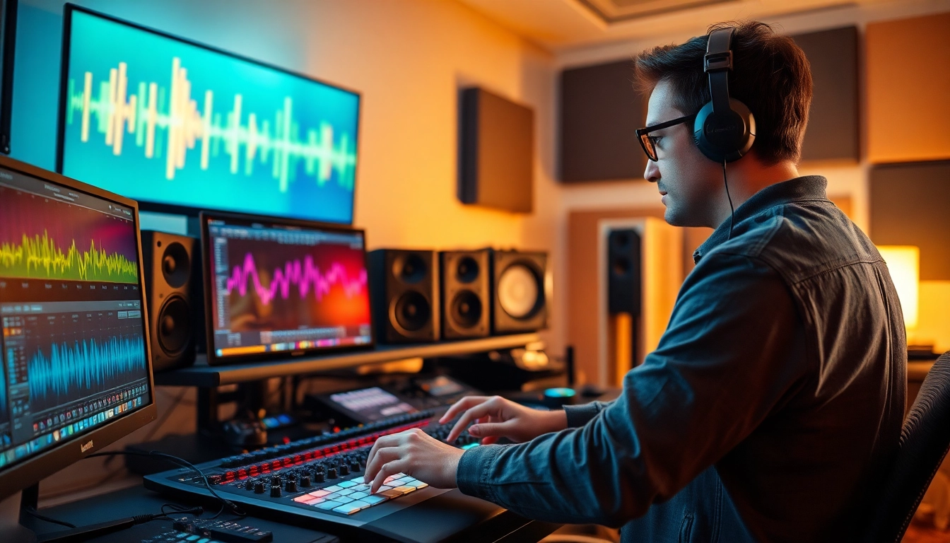 Engage in online mastering with a professional sound engineer focused in a modern studio.
