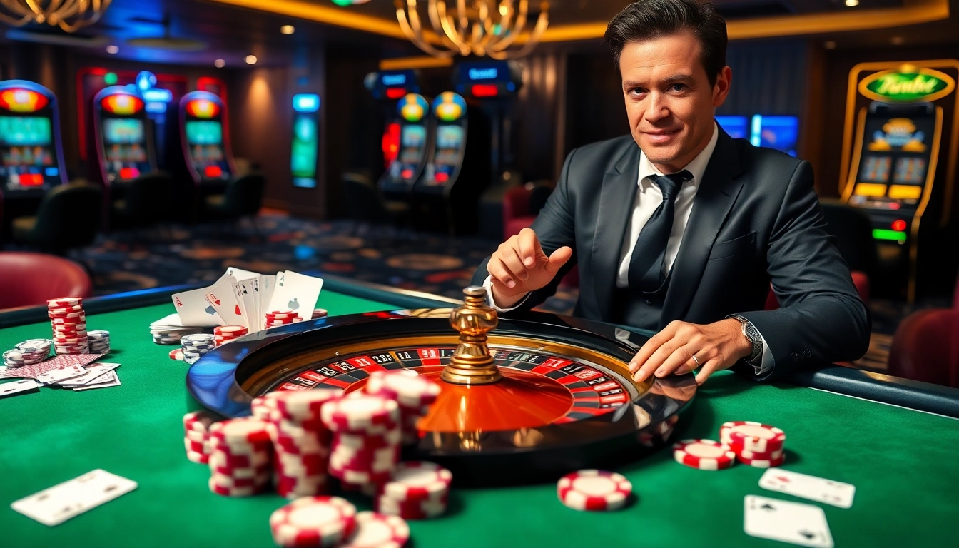 Experience the thrill of gambling at 6789bet with a vibrant casino scene showcasing poker chips and a roulette wheel.