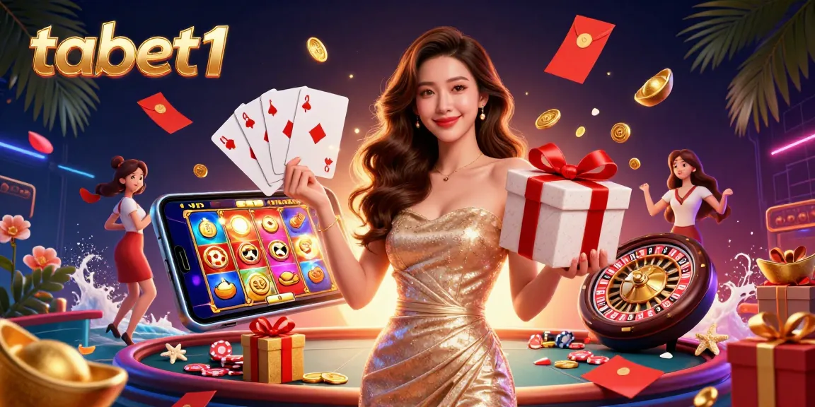 Experience the excitement of tabet1 with golden coins and festive casino elements.