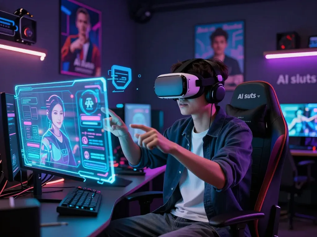Engaged user in VR experience with AI slut avatars in a modern gaming setup.