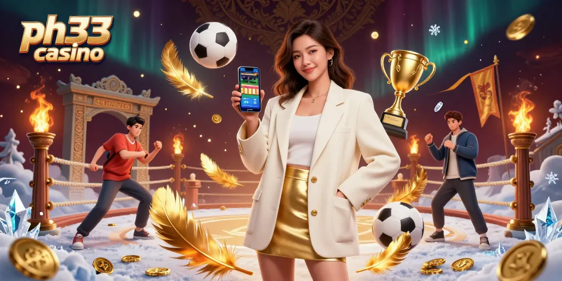 Experience the excitement of ph33 casino with a dynamic scene featuring a confident Asian woman using a sports betting app.