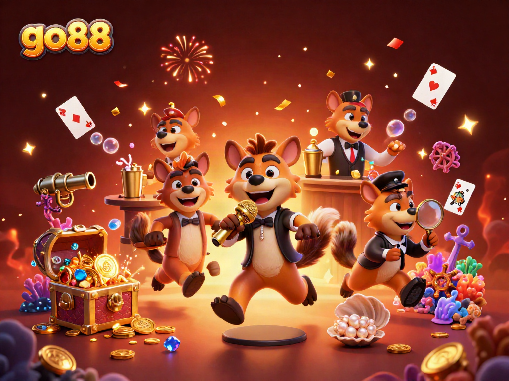 Engage with the go88 casino experience featuring lively characters in a vibrant, action-packed scene.