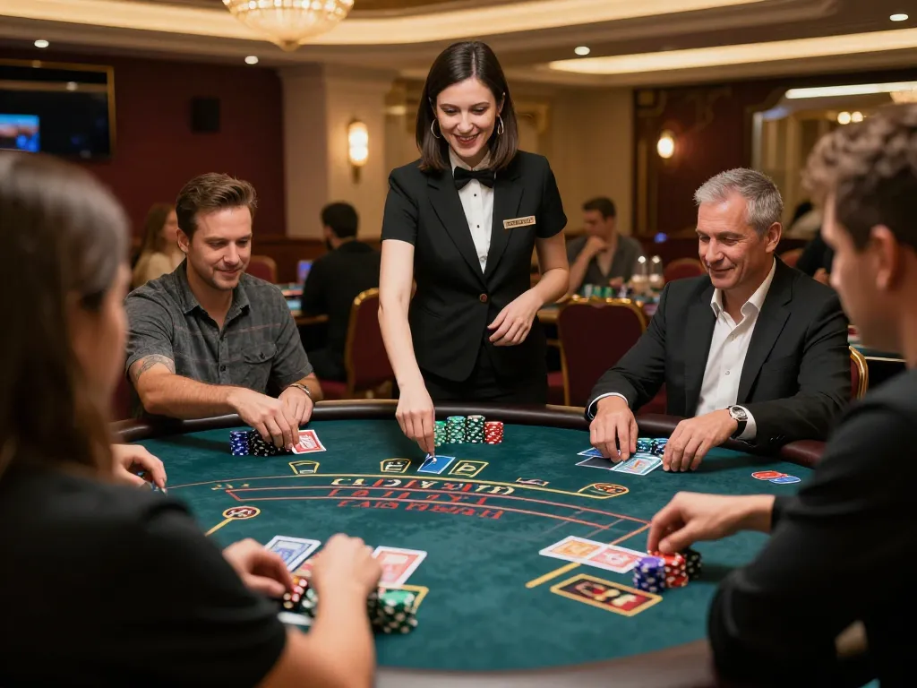 Players assessing their cards in a lively Vin 88 blackjack game, showcasing strategic betting