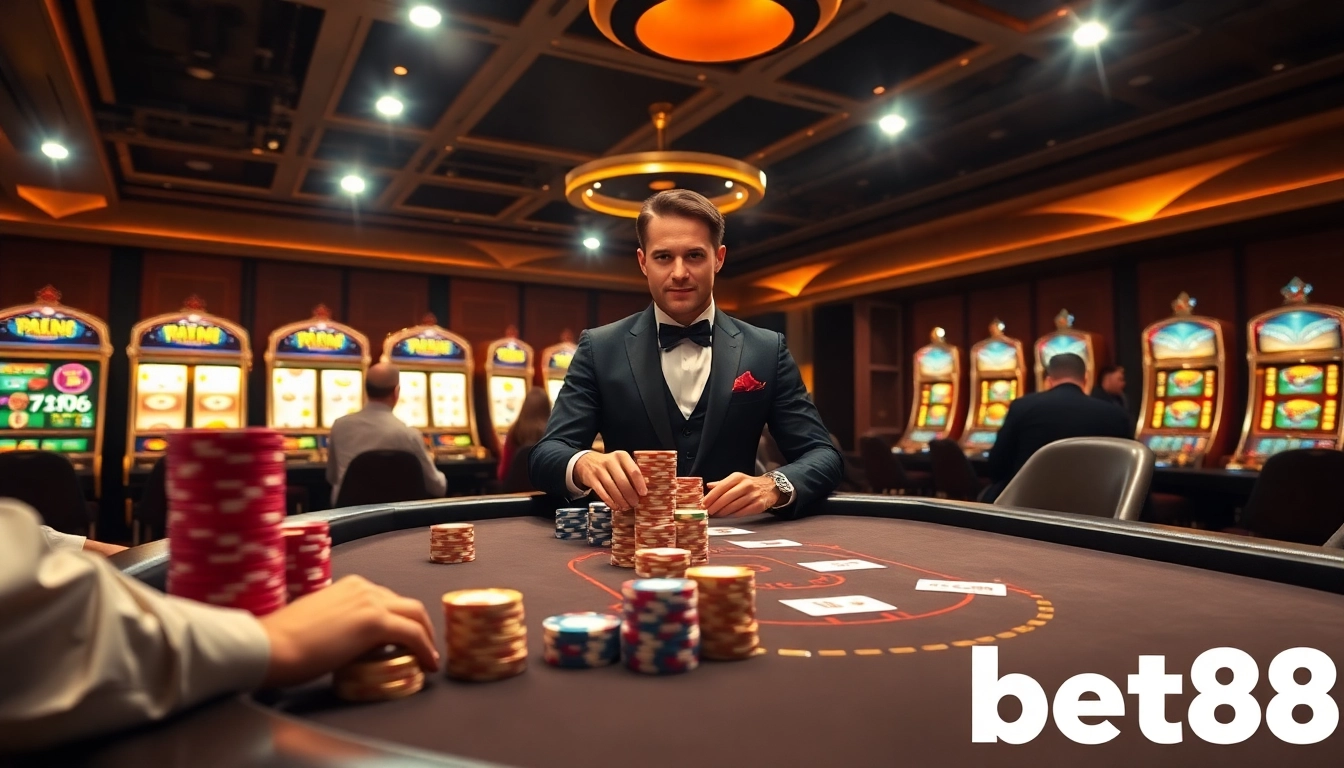 Experience the excitement of Bet88 with engaging poker gameplay, vibrant slot machines, and a luxurious casino atmosphere.