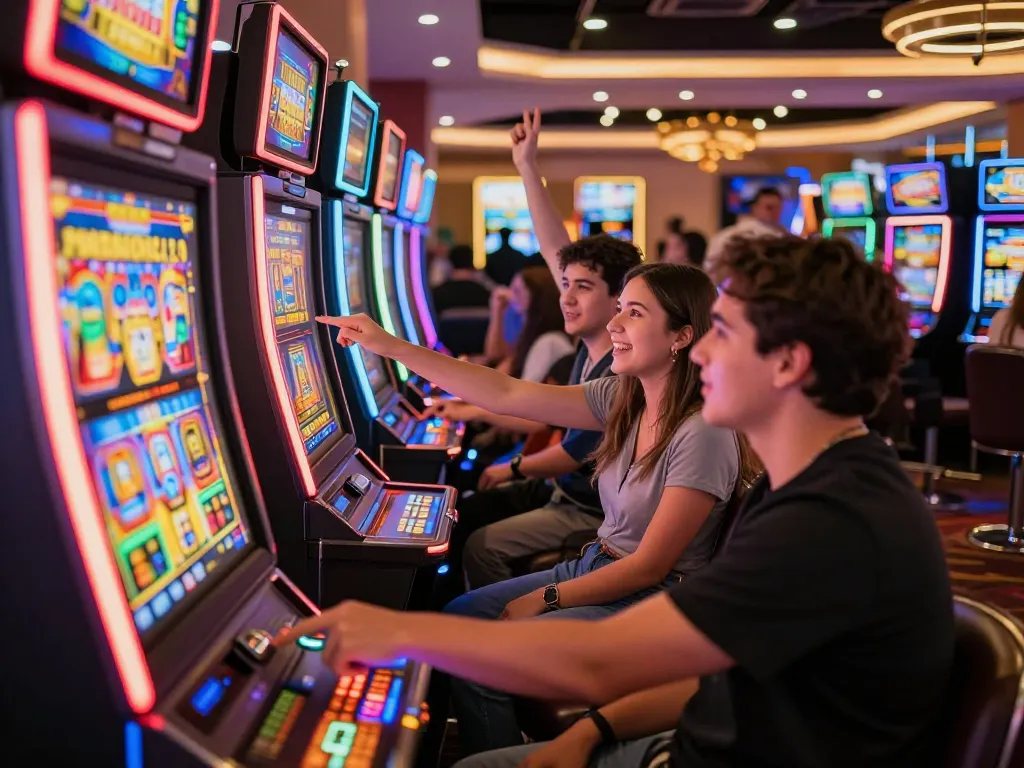 Kwin slot machine excitement with player pressing spin button amidst vibrant casino lights