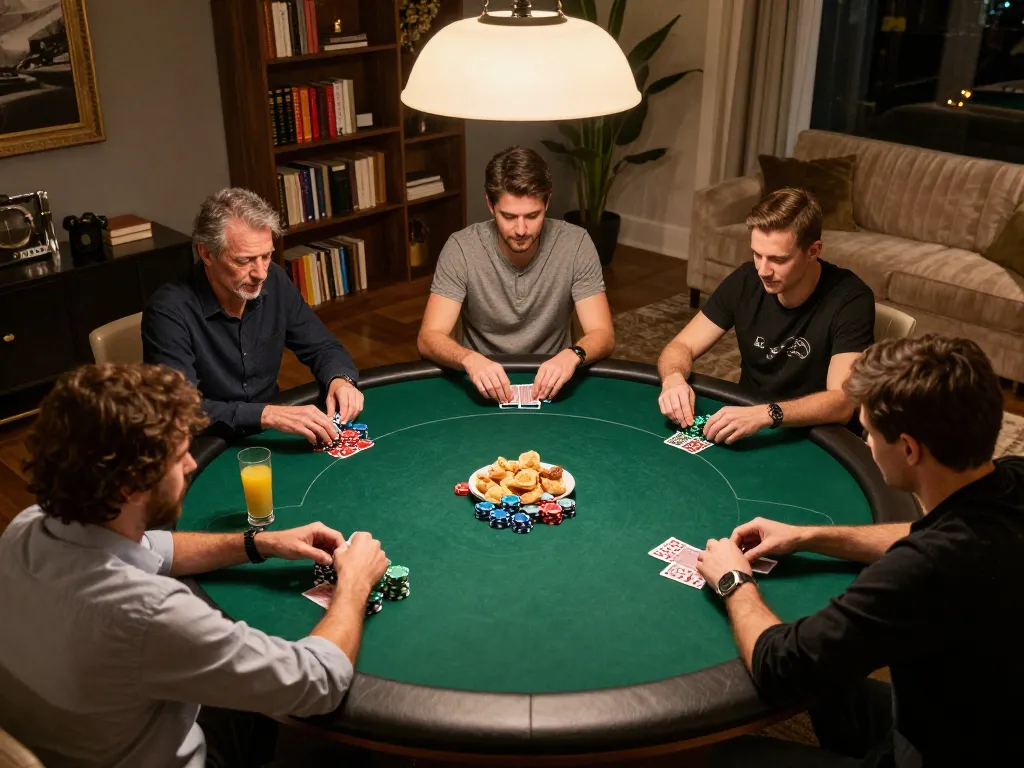 red888 players enjoying a friendly poker game in a luxurious setting, showcasing strategy and excitement.