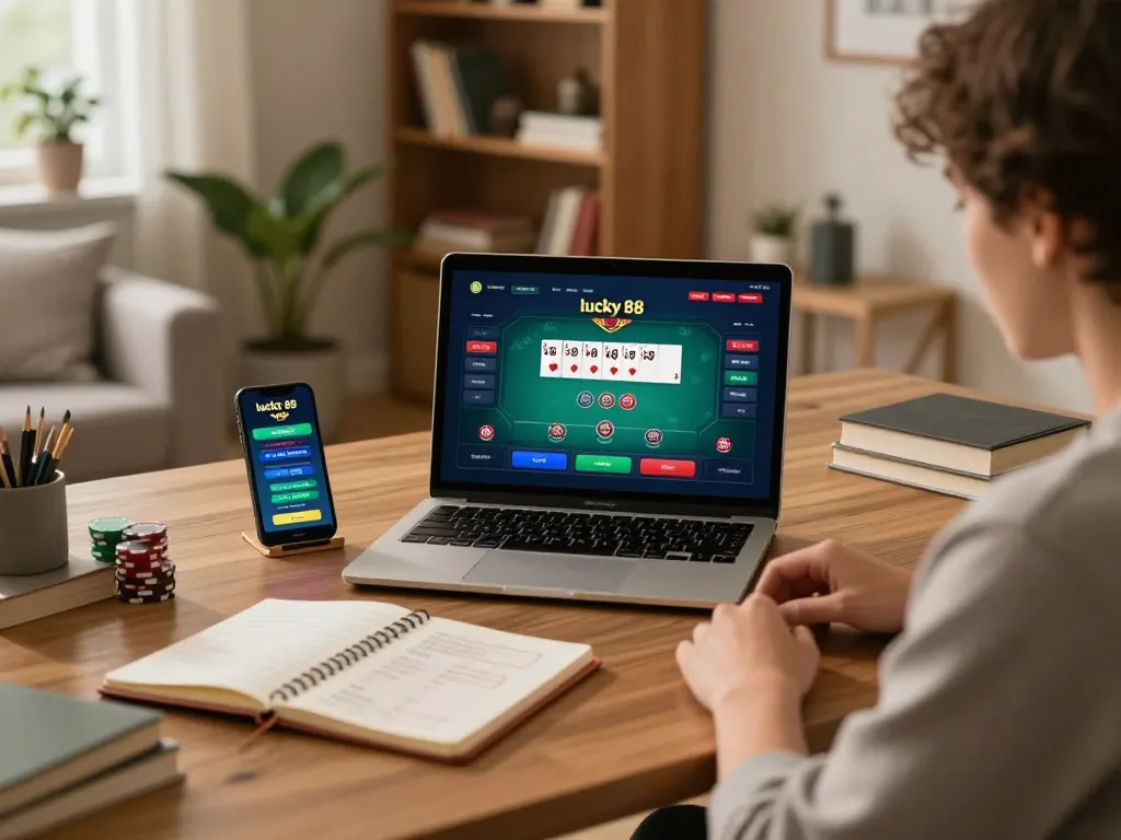 Player enjoying a lucky 88 online poker game in a cozy home office setting, focused on strategy.