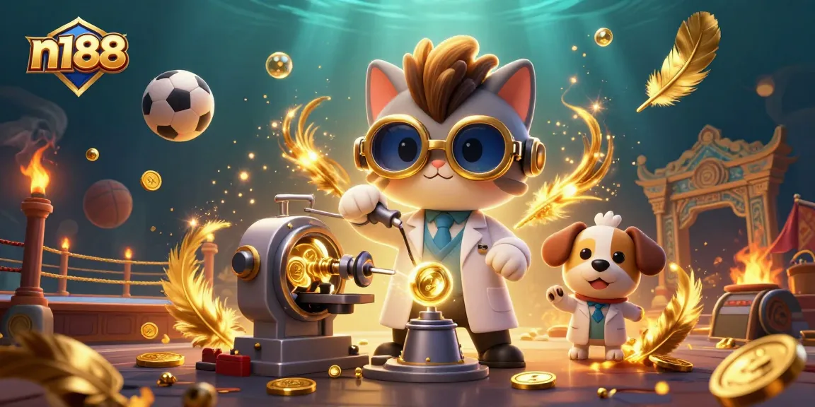 Experience thrilling sports betting at n188 with dynamic scenes featuring a cat scientist and dog assistant.