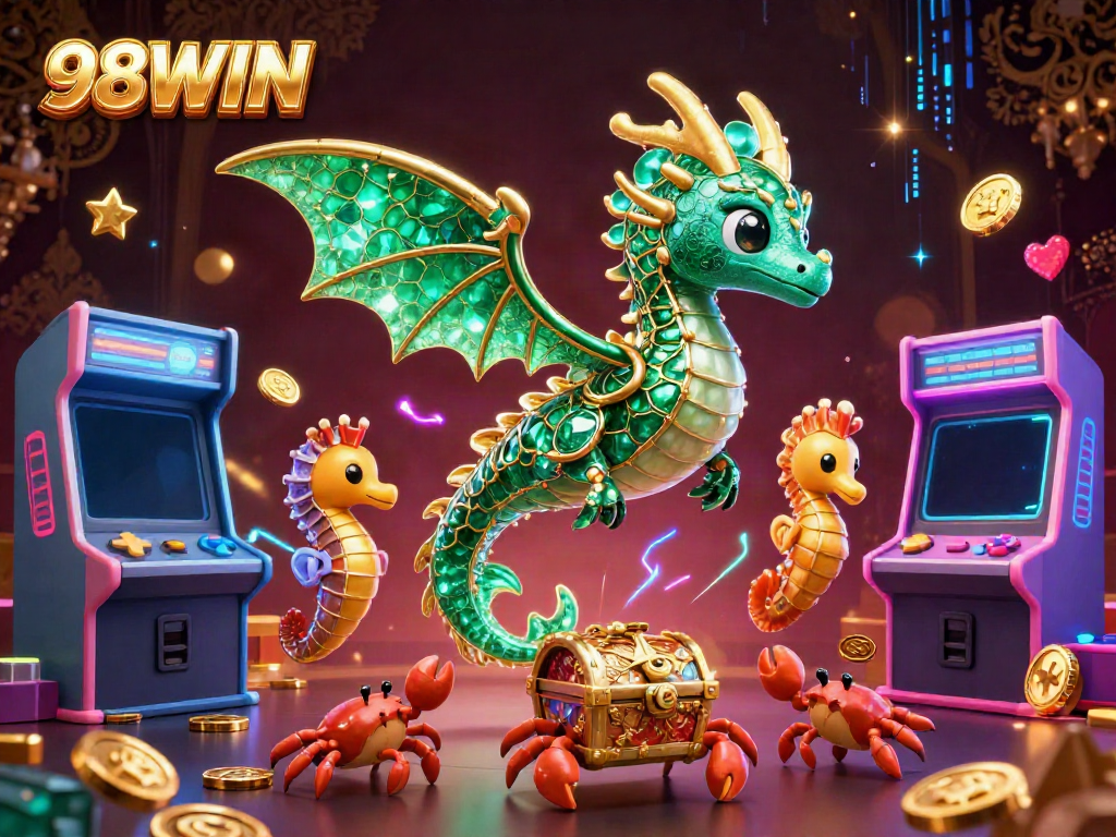 Engaging 98WIN illustration showcasing a sea dragon and casino elements, enhanced for a vibrant gaming experience.