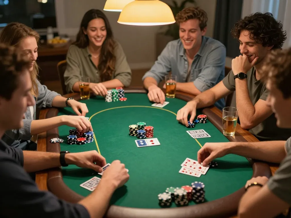 Các người chơi tận hưởng một đêm poker đầy phấn khích với các chip và bài KO66 trong không gian ấm cúng tại nhà