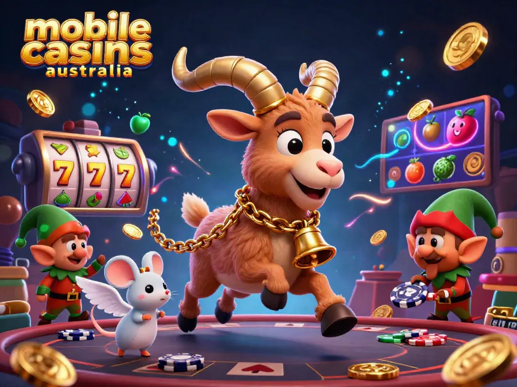 Experience mobile online casinos australia with a festive Krampus goat at a lively fun casino scene.
