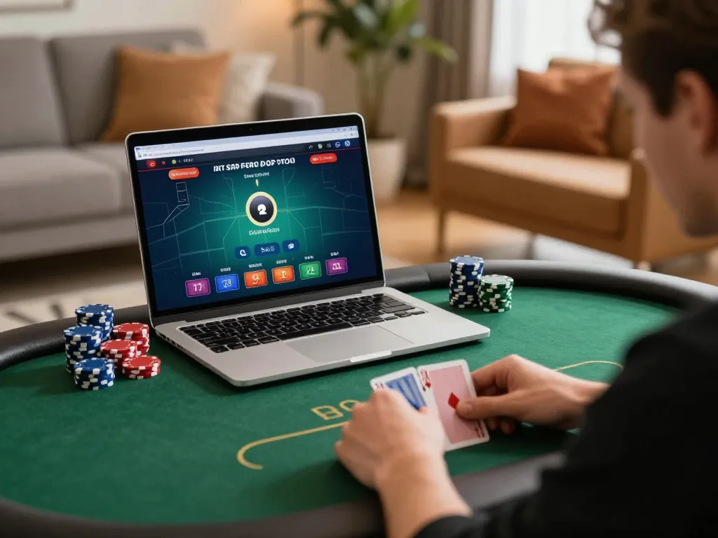 Fabet player analyzing cards during an online poker session from home