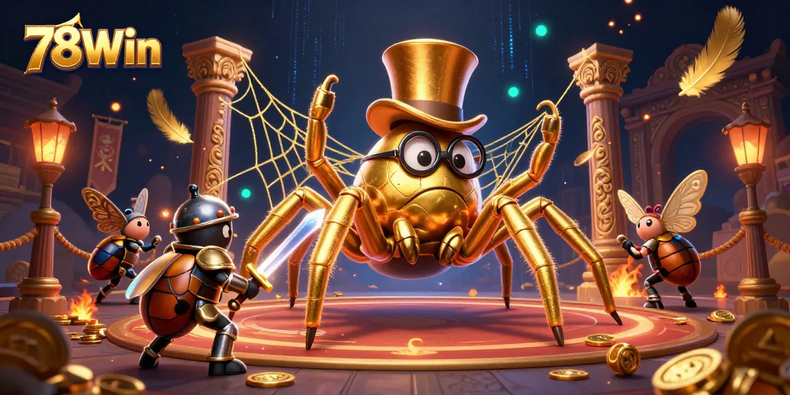 Engage with thrilling gameplay at 78Win as a golden tarantula weaves dreams in an enchanting casino scene.