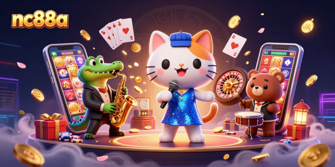 nc88a captivating illustration of a lively casino performance featuring a singing cat, saxophone crocodile, and drum bear cub.