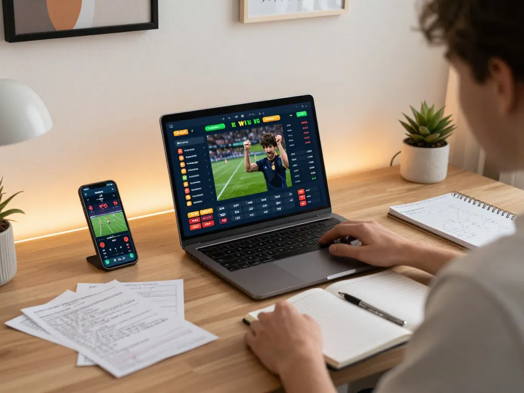 F168 user celebrating a sports betting win at home with laptop and smartphone.