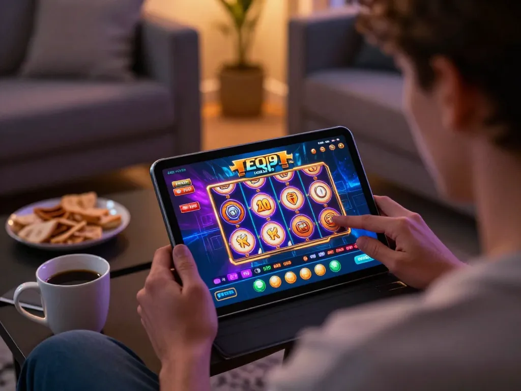 Engaging with EQ9 casino app on tablet for exciting gameplay in a cozy environment
