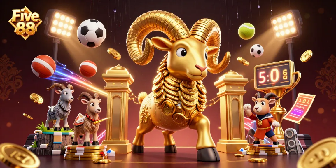 Experience dynamic sports betting action with the Golden Ram at Five 88 casino, amidst flying sports balls and glowing trophy elements.