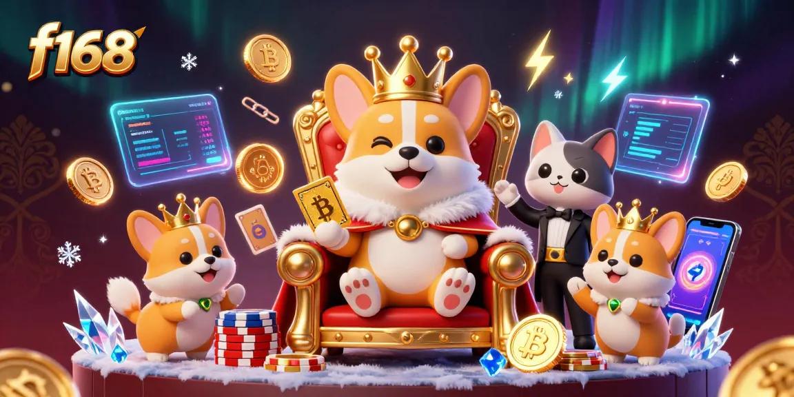 Win big at F168 with a royal corgi and cat butler in a vibrant casino scene.
