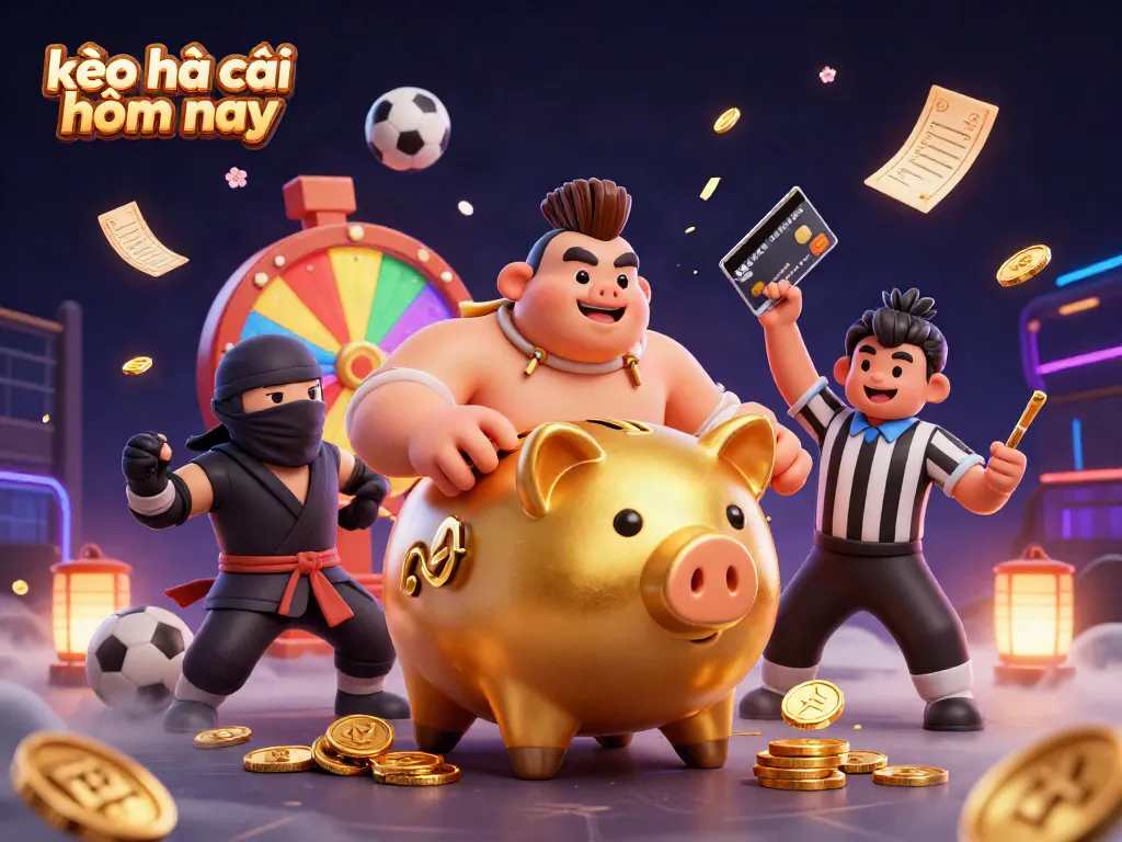 Engage with kèo nhà cái hôm nay through dynamic sports betting illustration featuring giant piggy bank and vibrant gambling elements.