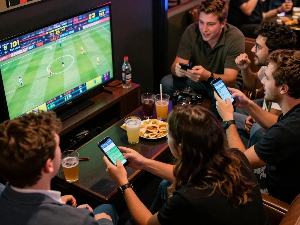 Friends eagerly placing bets on their smartphones while watching live sports at home, highlighting the excitement of 9789bet.