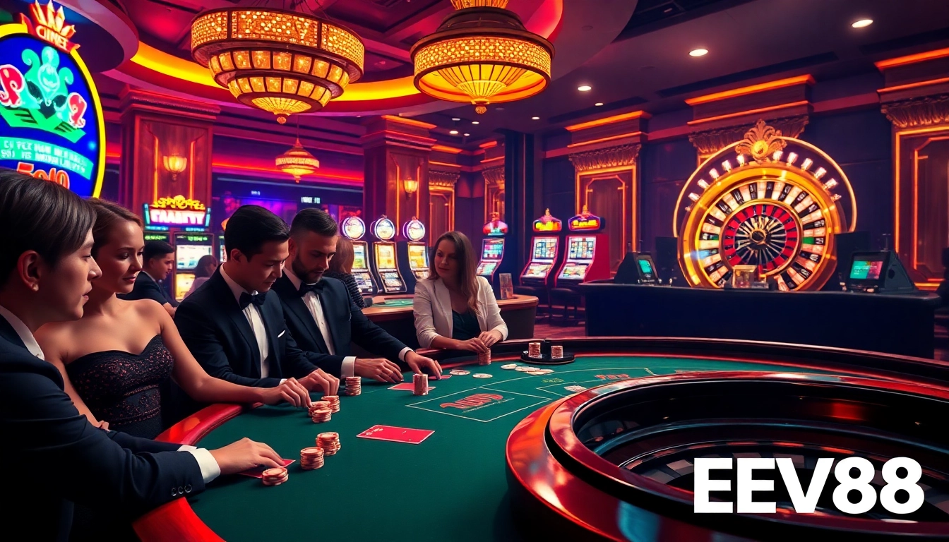 Players enjoying high-stakes poker at EV88's luxurious online casino environment