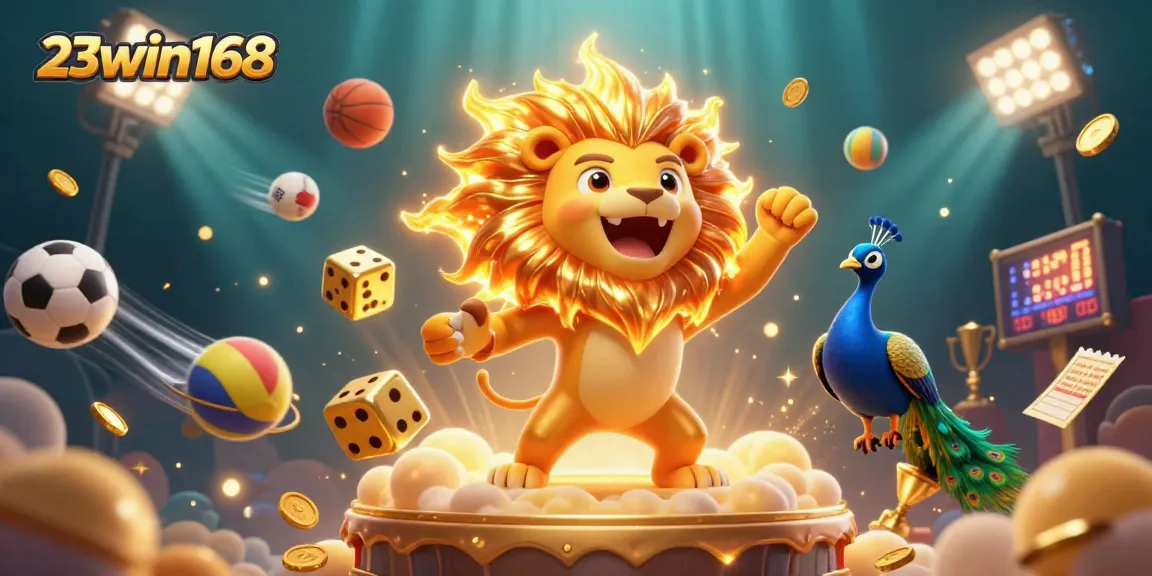 Experience the excitement of 23win168 with dynamic gambling elements surrounding a roaring sun lion.