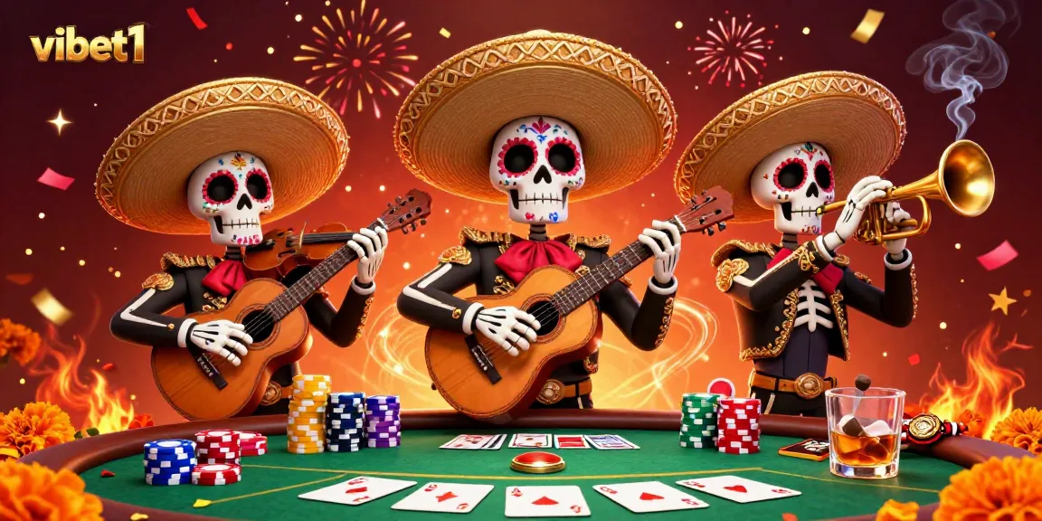 Experience the vibet1 excitement as colorful mariachi skeletons celebrate with poker elements in a vibrant casino scene.