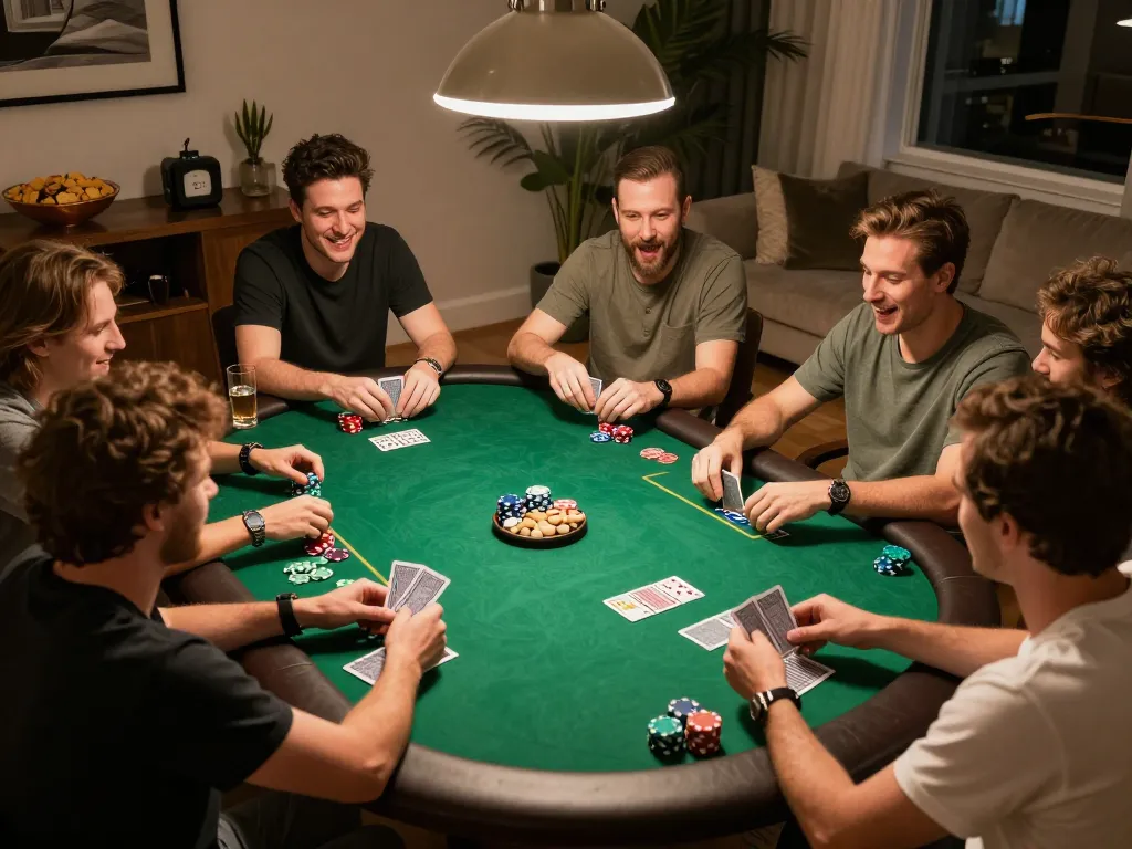 Players enjoying a thrilling poker game at home, showcasing the camaraderie of 88xeng gaming night.