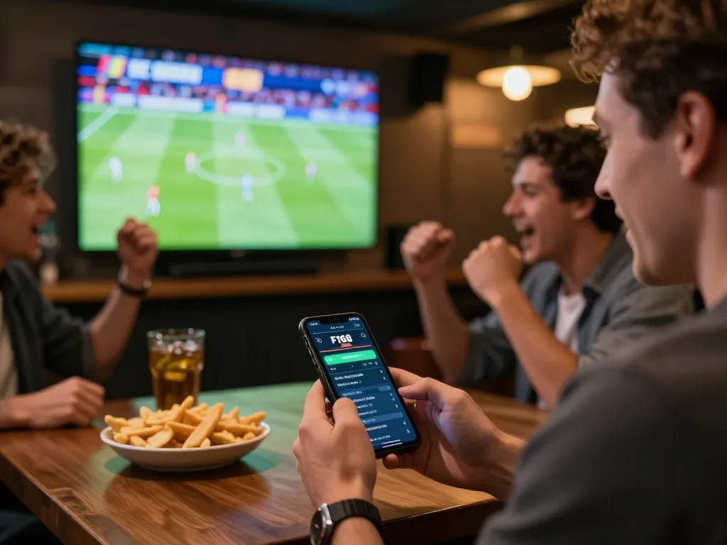 Engaging in live sports betting on F168 app while watching a match with friends.