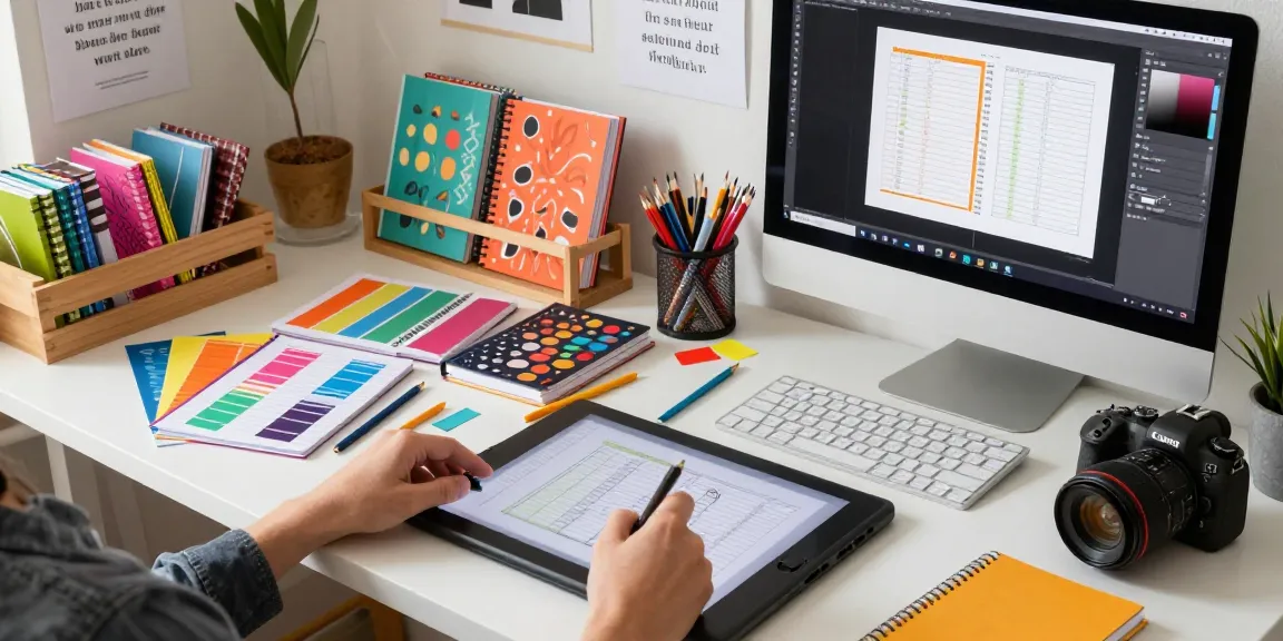 Custom printed notebooks designed in a bright workspace with colorful stationery and vibrant inspiration.