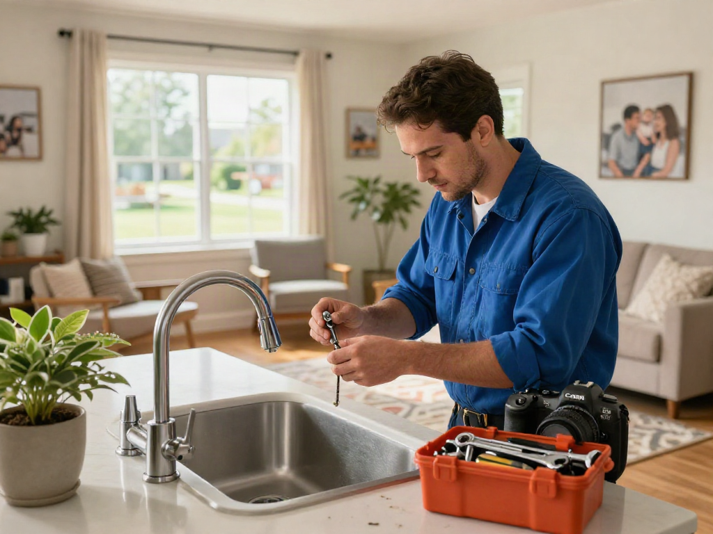 Reliable home repair services Des Moines Iowa with a contractor repairing a faucet in a stylish living room.