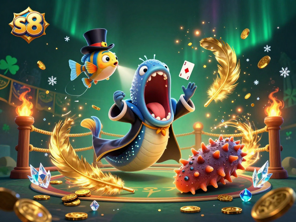 Experience thrilling S8 gaming with vibrant characters and casino elements in a magical underwater scene.