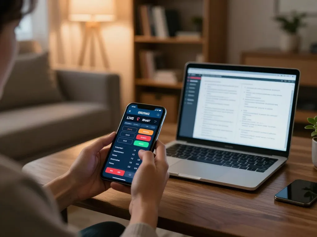 Engaged user betting through Nhà cái FC88 on mobile in a cozy living room, showcasing online gambling environment.