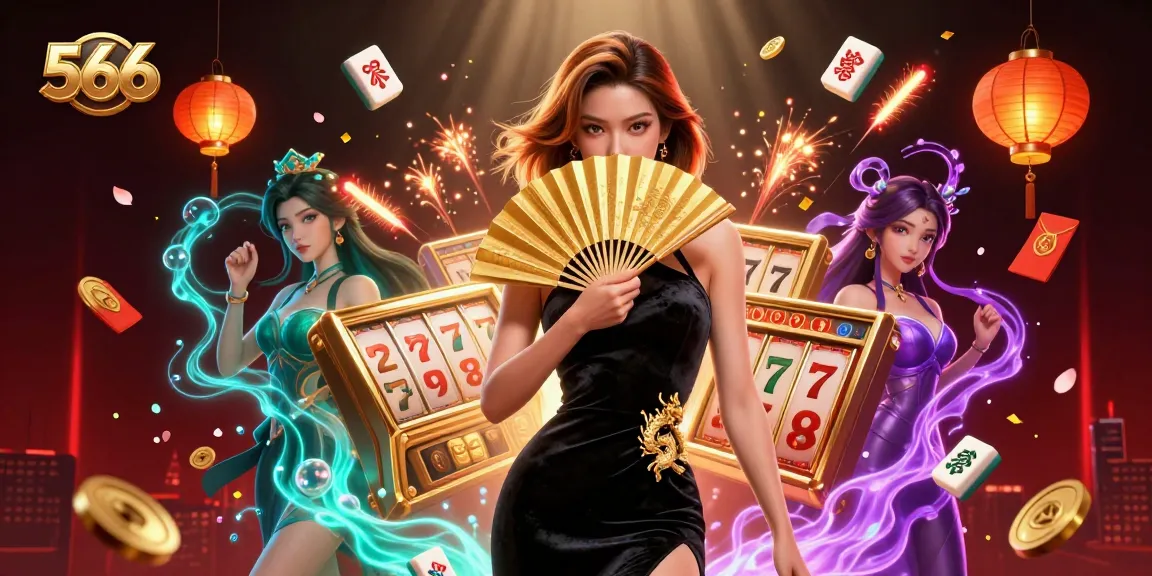 Engage with the thrilling world of 566 casino entertainment as slot reels and lucky charms surround a stunning Asian woman in exquisite attire.