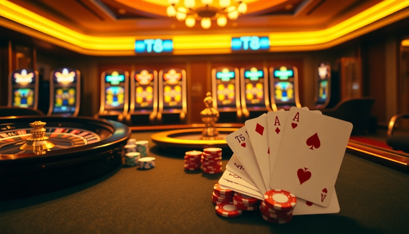 Experience thrilling gaming at TT88 with poker chips, roulette wheel, and cards on display.