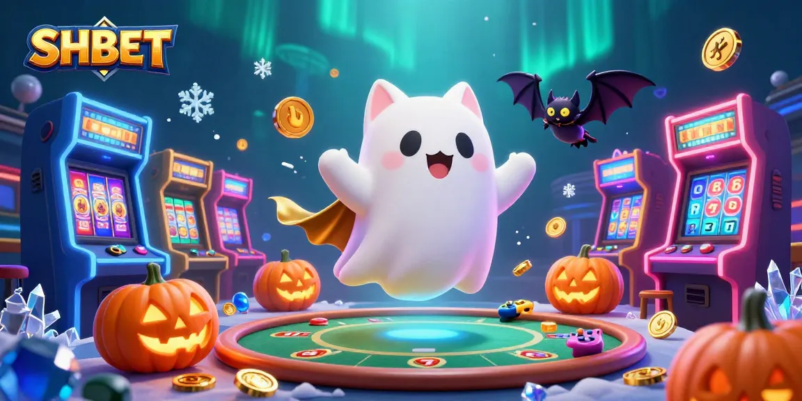 Engage in thrilling gameplay with SHBET's vibrant casino scene filled with slot machines, ghost cat, and vampire bat.