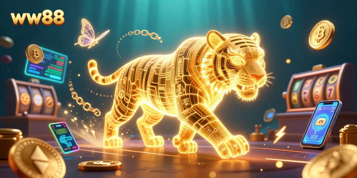 Experience the excitement of ww88 with a vibrant digital casino landscape featuring a golden tiger and crypto elements.