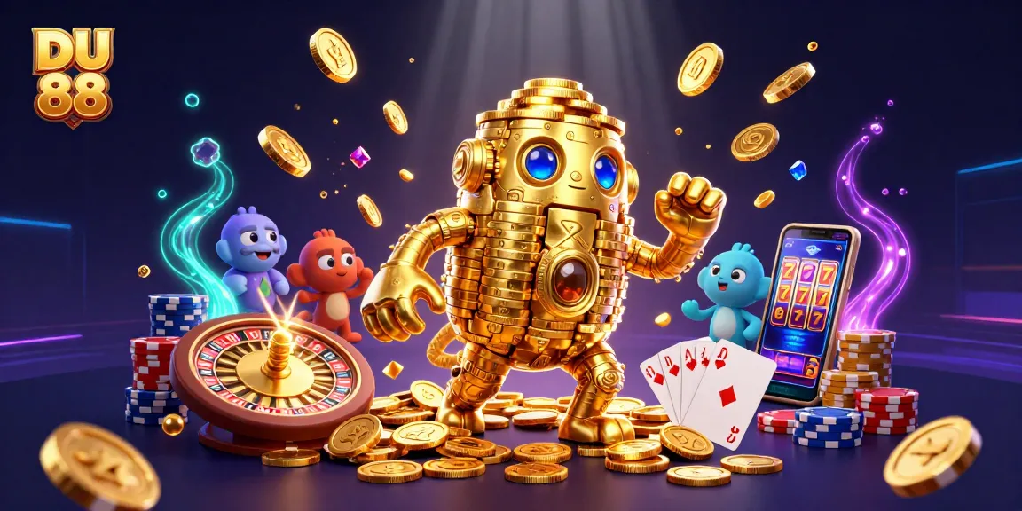 Experience the thrill of DU 88 with a dynamic golden golem amidst cascading coins and roulette action.