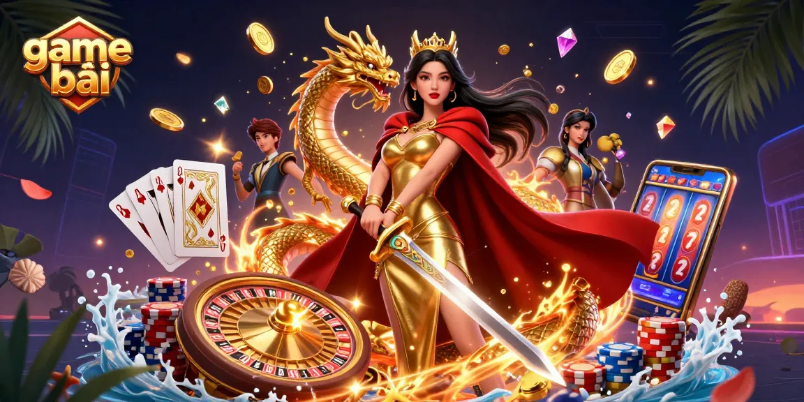 Experience the excitement of game bài with this dynamic illustration featuring heroic characters and vibrant casino elements.