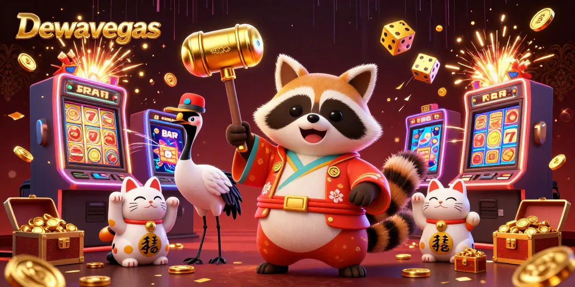 Dewavegas showcases a vibrant casino scene with lucky symbols and cheerful characters in a dynamic illustration.