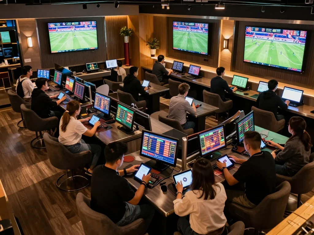 Betters analyzing odds at LV88 sports lounge with screens showcasing live events