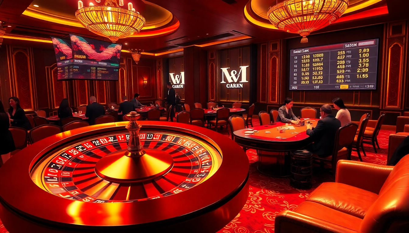 Engaging casino scene illustrating keo nha cai chuan with players at a luxury table and roulette wheel.