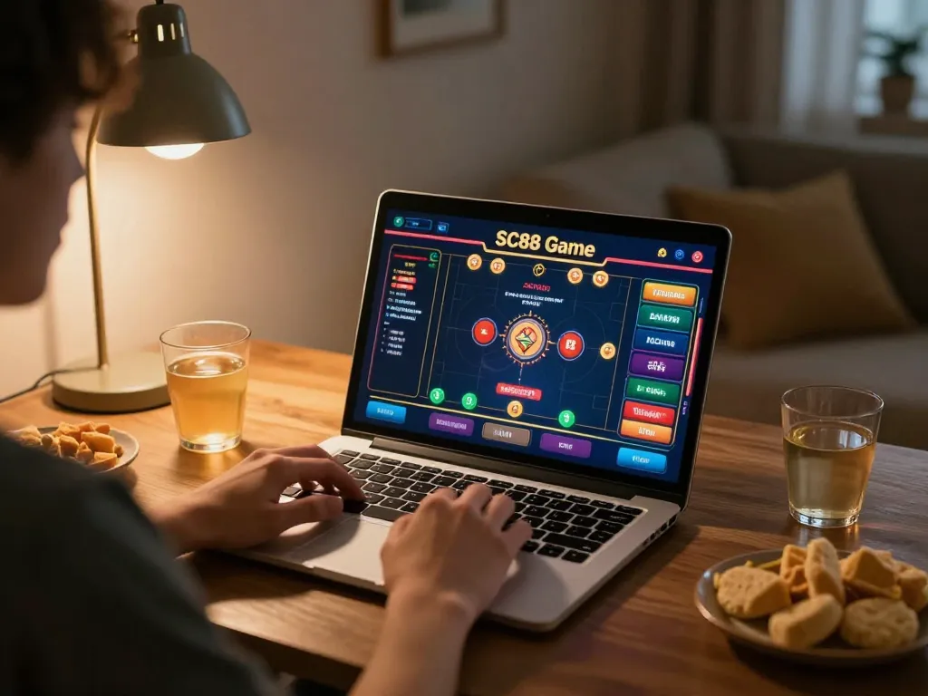 Engaged player strategizing in SC88 Game online casino, showcasing a warm home gaming environment.